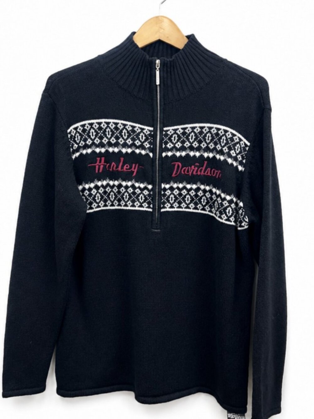 Harley-Davidson 2XL 1/4 Zip Knit Sweater Fair Isle Mock Neck Black Pink Women's